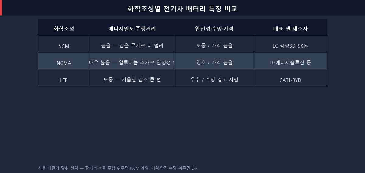 전기차 배터리 화학조성별 NCM NCMA LFP 특징 비교표